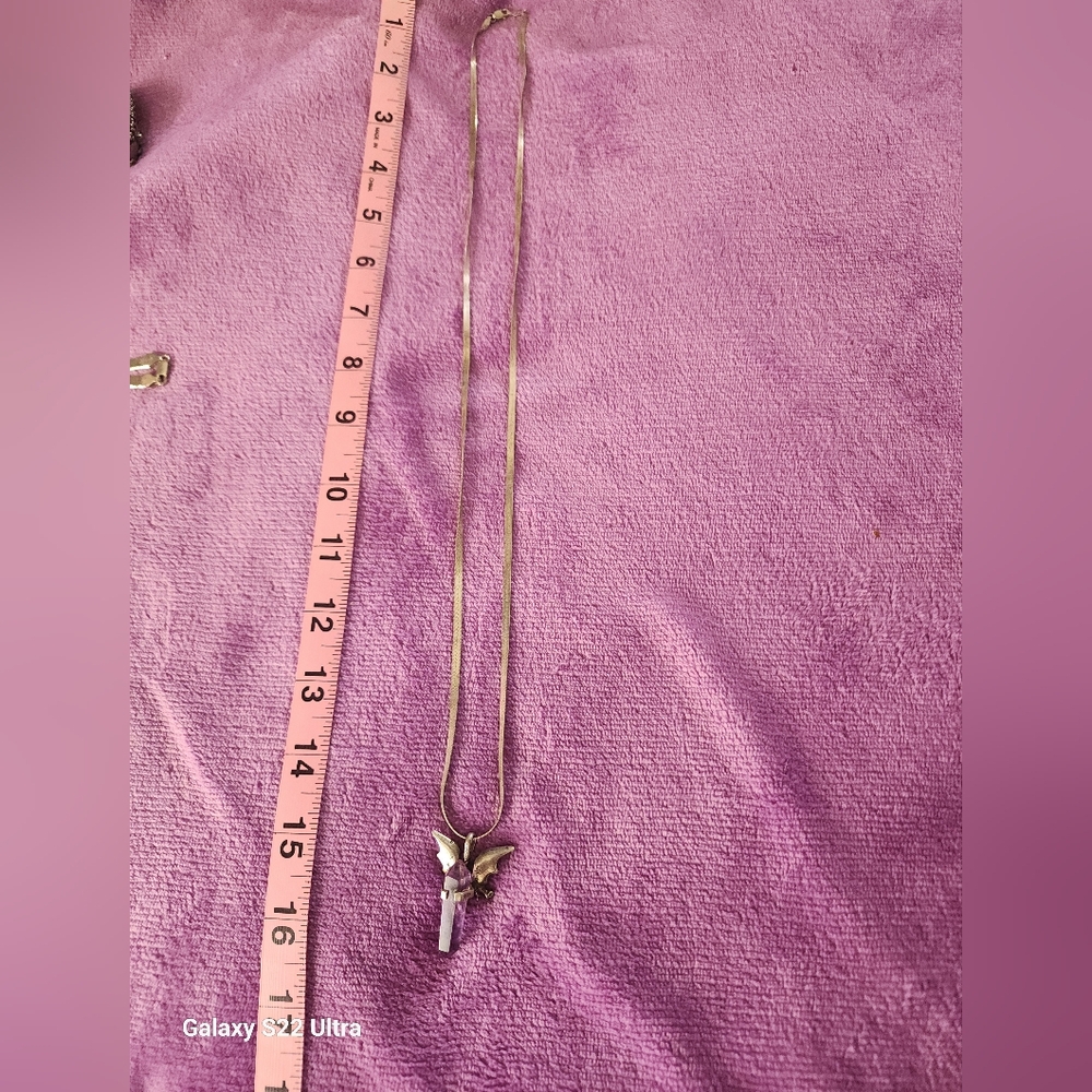 Silver Herringbone Necklace With Fairy Holding Amethist Crystal
